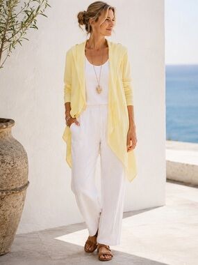 NAYA Mixed Linen Hooded Drape Cardigan Jacket Lemon Yellow Lagenlook